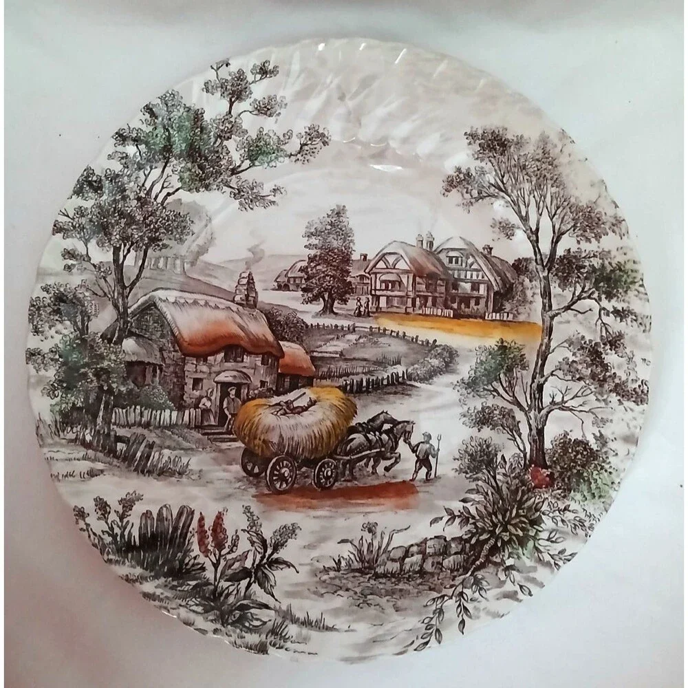 Vintage Yorkshire Staffordshire Round Ironstone Serving Bowl 9” Farm Scene